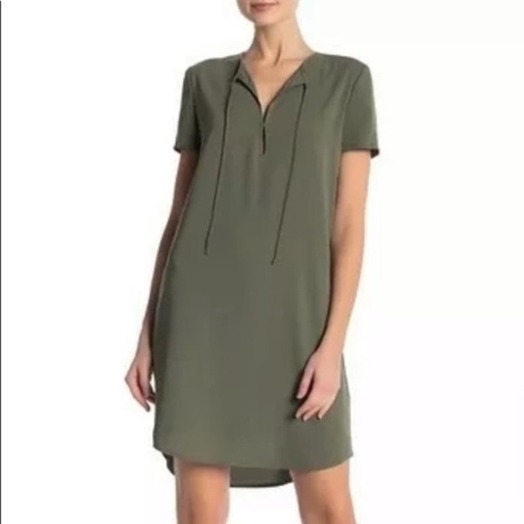Theory Antazie Tie Front Shift Drapey Crepe Dark Military Green Tee Dress Size 0 - Picture 3 of 12